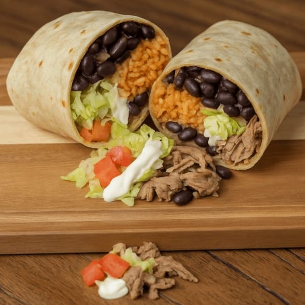 Two halves of a Mexican Mariachi Grill burrito, filled with rice, black beans, lettuce, and meat.